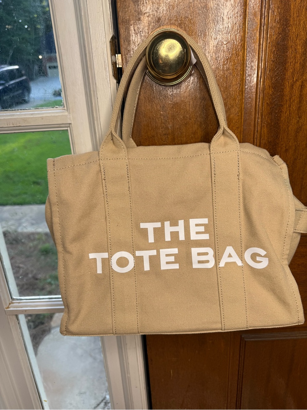 Canvas Tote Bag in Beige with White Text